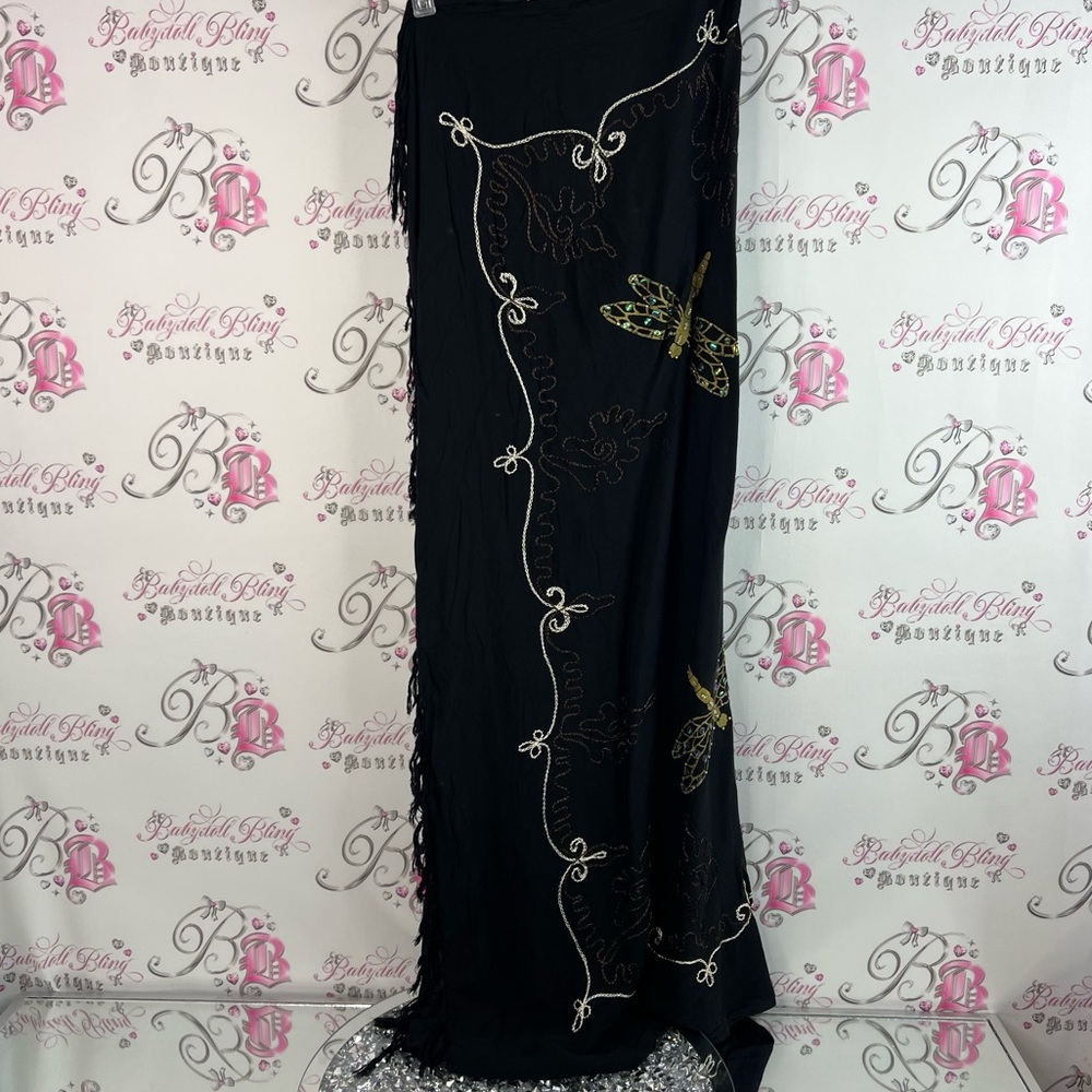 Wrap skirt or dress embroidered Black and Gold Dragonfly tassle edges beach